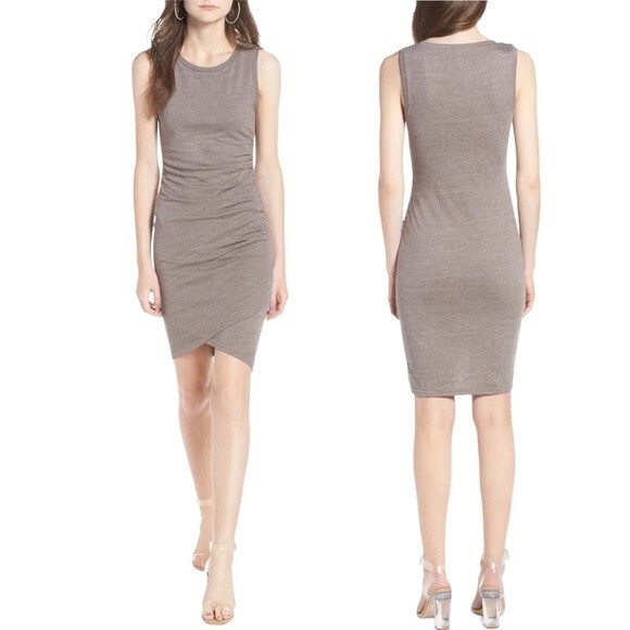 NWT Leith Ruched Bodycon Sleeveless Mini Dress Tan Dusk Heather Knit Size XL NEW - Picture 1 of 16